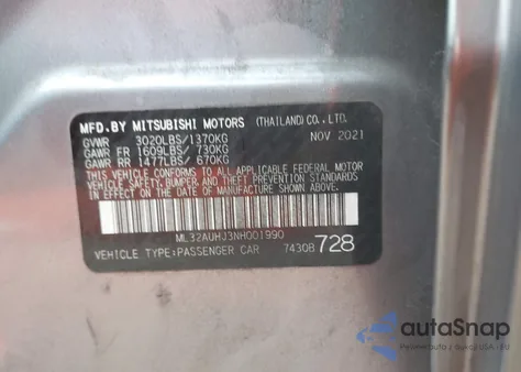 2022 Mitsubishi Mirage Es z USA, uszkodzony, nr VIN ML32AUHJ3NH001990